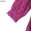 ZANZEA Women Casual Stand Collar Long Sleeve Lace Crochet Patchwork Long Dress