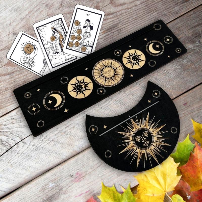 Moon Shape and Rectangle Cards Holder for Witch Divinations Tools Wood Tarot Cards Stand Holder Moon Phases Altar Base