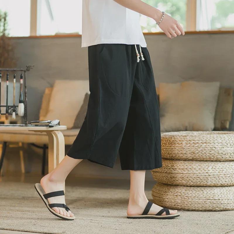 Men's Cropped Chinese Style Linen Shorts - Summer Wide-Leg 7-Point Casual Trousers