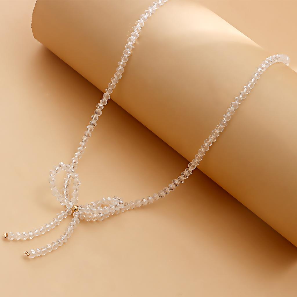Crystal Bowknot Choker Necklace for Girls Trendy Romantic Handmade Rice Beads Short Neck Chain Jewelry Gift for Friends