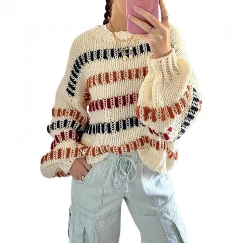 Womens Round Neck Color Block Knit Sweater Soft Comfortable Daily Commute Fashion Top