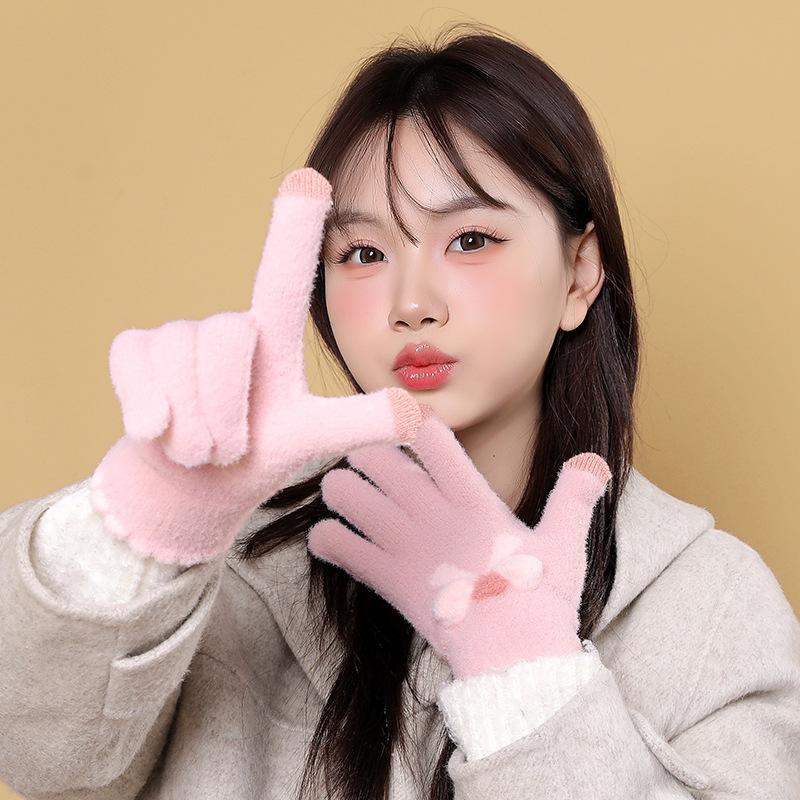 Gestrickte Handschuhe, Damen Herbst und Winter Wolle, warme fünf Finger, niedliche Studenten, die im Winter fahren, neue Schleifen