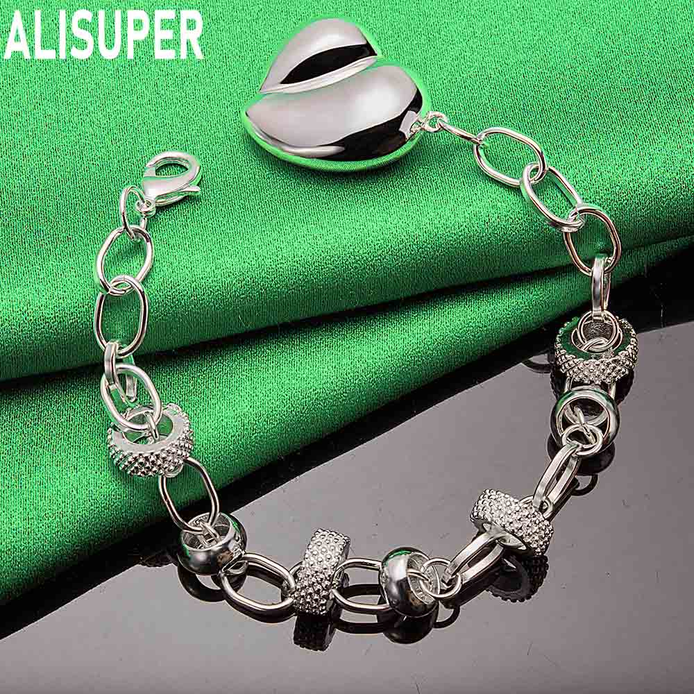 925 Sterling Silver Romantic Heart Side Chain Beautiful Bracelet Gift Jewelry