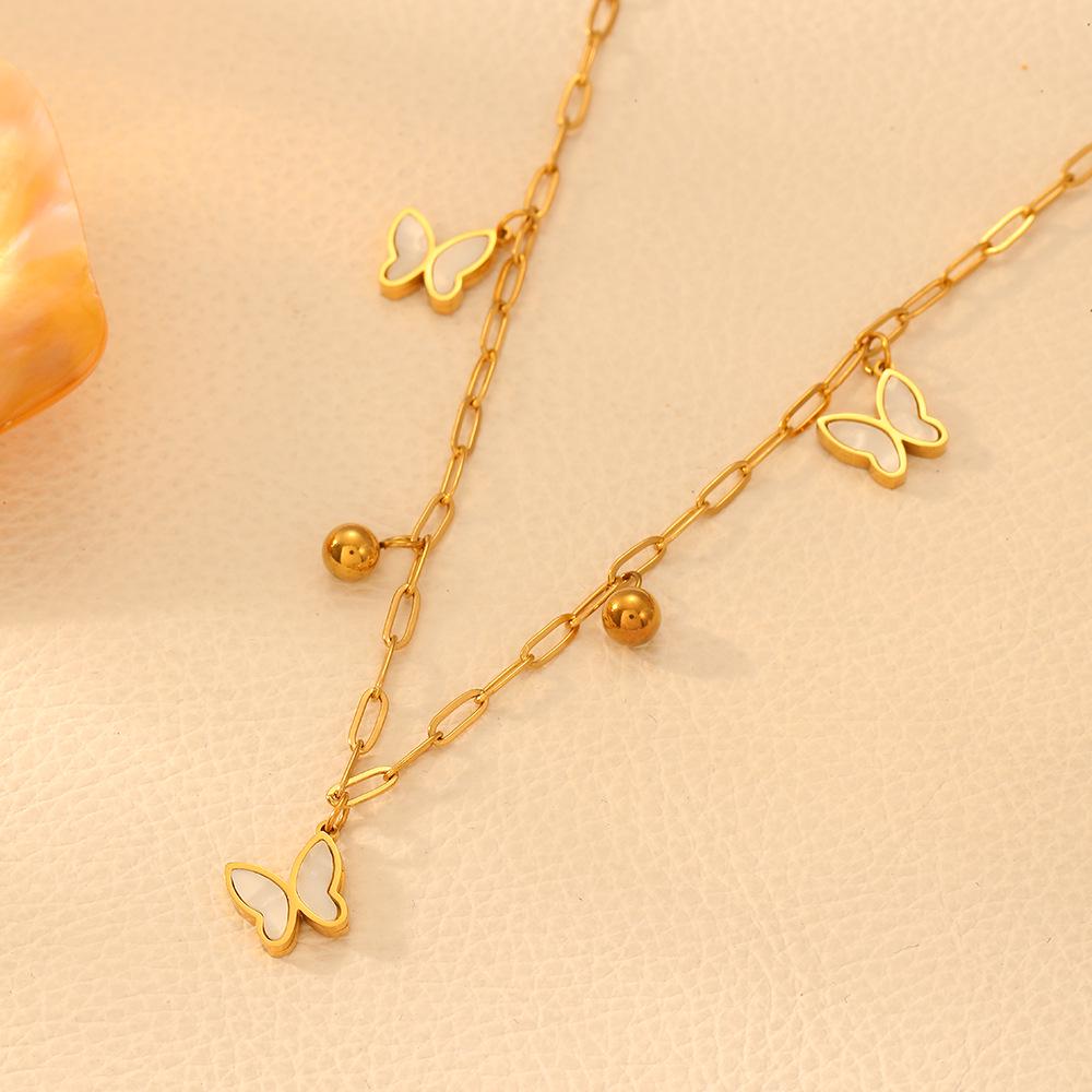 Stainless Steel Five-Petal Flower & Heart Butterfly Necklace with European-American Color-Preserving Beads