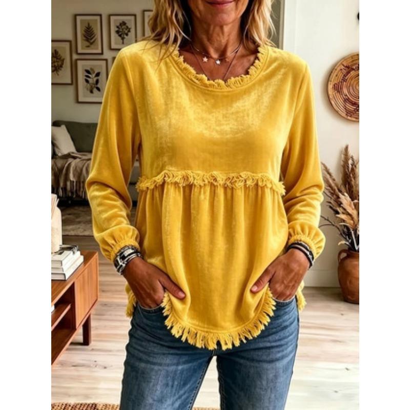 Women S Casual Loose Long Sleeve U Neck Lace Splicing Top