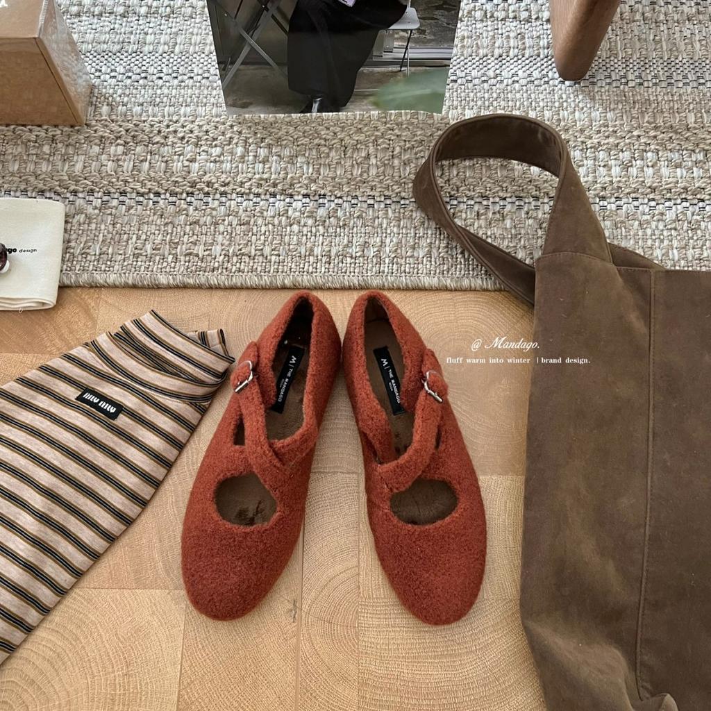 THEMANDAGO mango big fruit Korean version woolen round head cross strap Mary Jane shoes autumn and winter plush flat-soled fluffy shoes