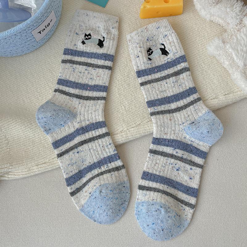 Sock Children's Mid-length Autumn-winter Cute Cartoon Cat Pile-up Socks for Girls, Spring-autumn Long Socks with Embroidery