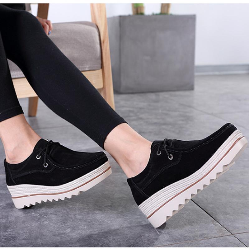 Fashion Lace-up Platform Shoes Genuine Leather Rocker Shoes Slip-on Loafers Elegant Mother Shoes Working Walking Footwear