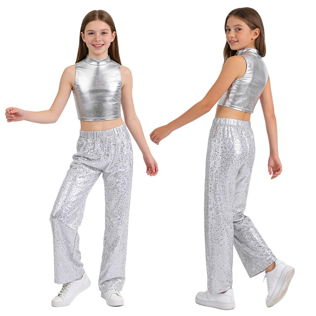 Kids Jazz Dance Costume Sleeveless Mock Neck Metallic Top and High Waist Sparkle Sequin Pants for Stage Competition