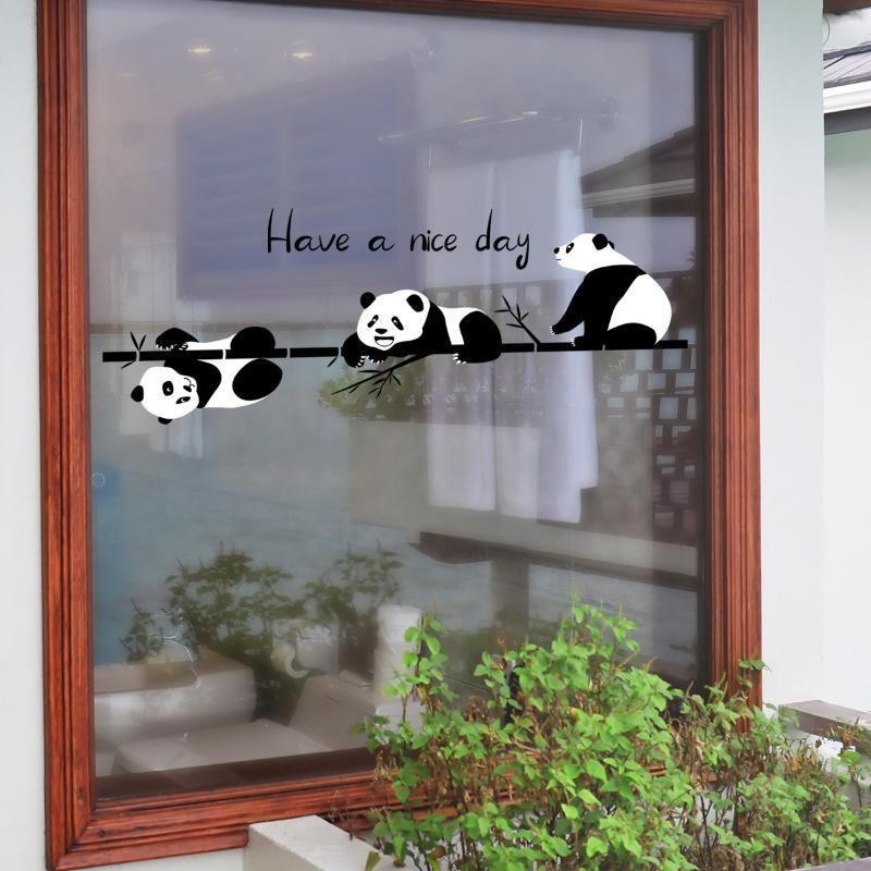 Wall Stickers Cartoon Animal Bamboo Three Pandas Glass Window Mirrors Decorative Stickers Home Wall Stickers Self Adhesive