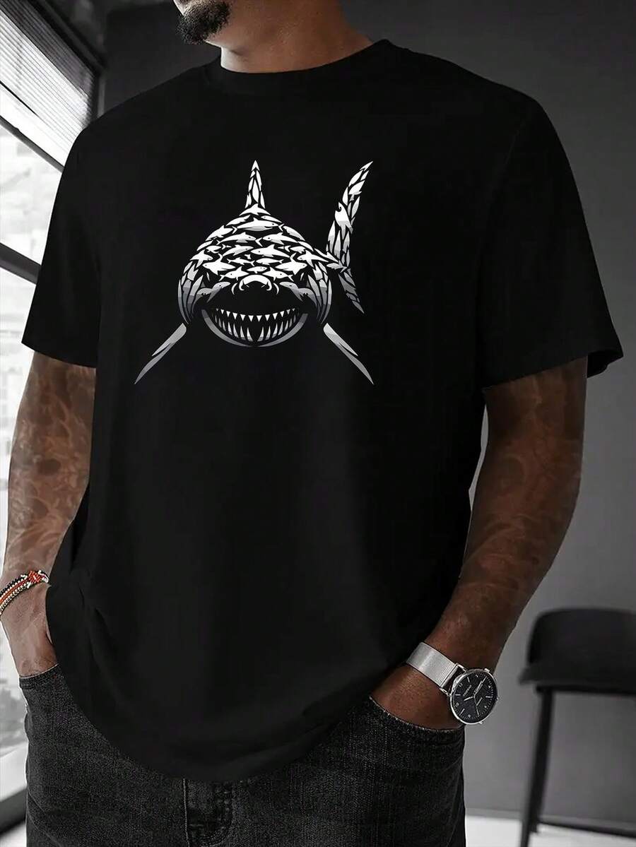 Short Sleeve Shark Print T-Shirt with Graffiti Letter Design S