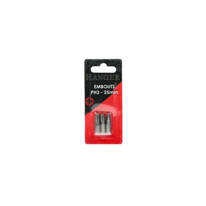 Embouts de vissage cruciformes PH3 - HANGER - Carte 3 embouts - Acier S2 - Emmanchement 1/4'' - Longueur 25 mm