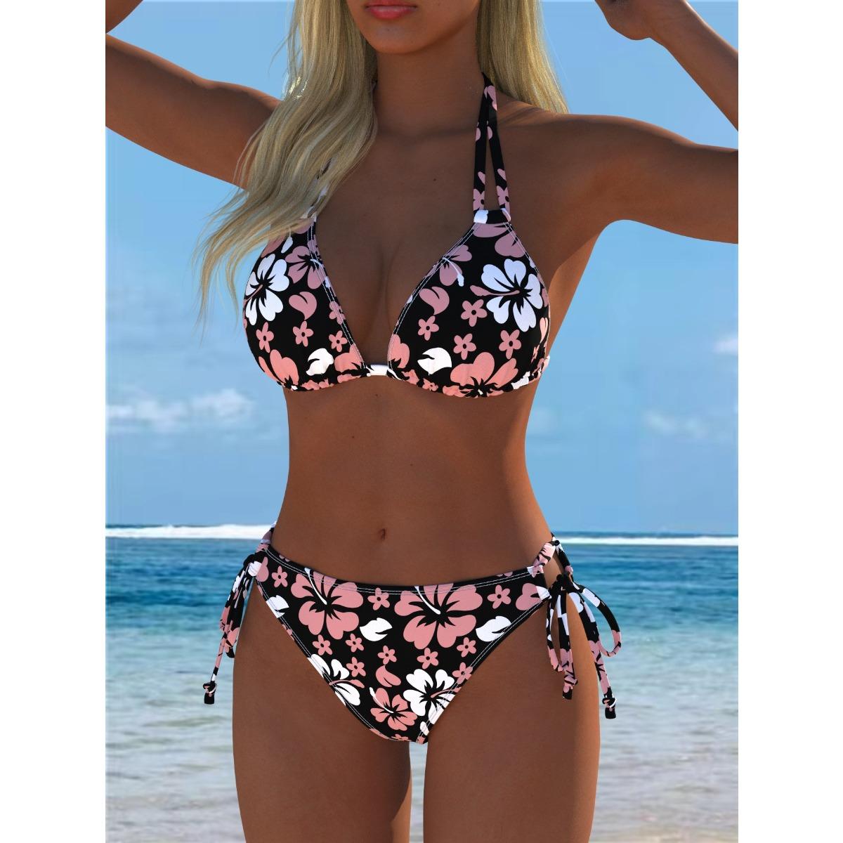 New European and American style flower print bikini women s split swimsuit sexy suspender beach vacation swimsuit S