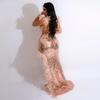 European & American Sexy Feather Sequin High Slit V-Neck Open Back Party Dress