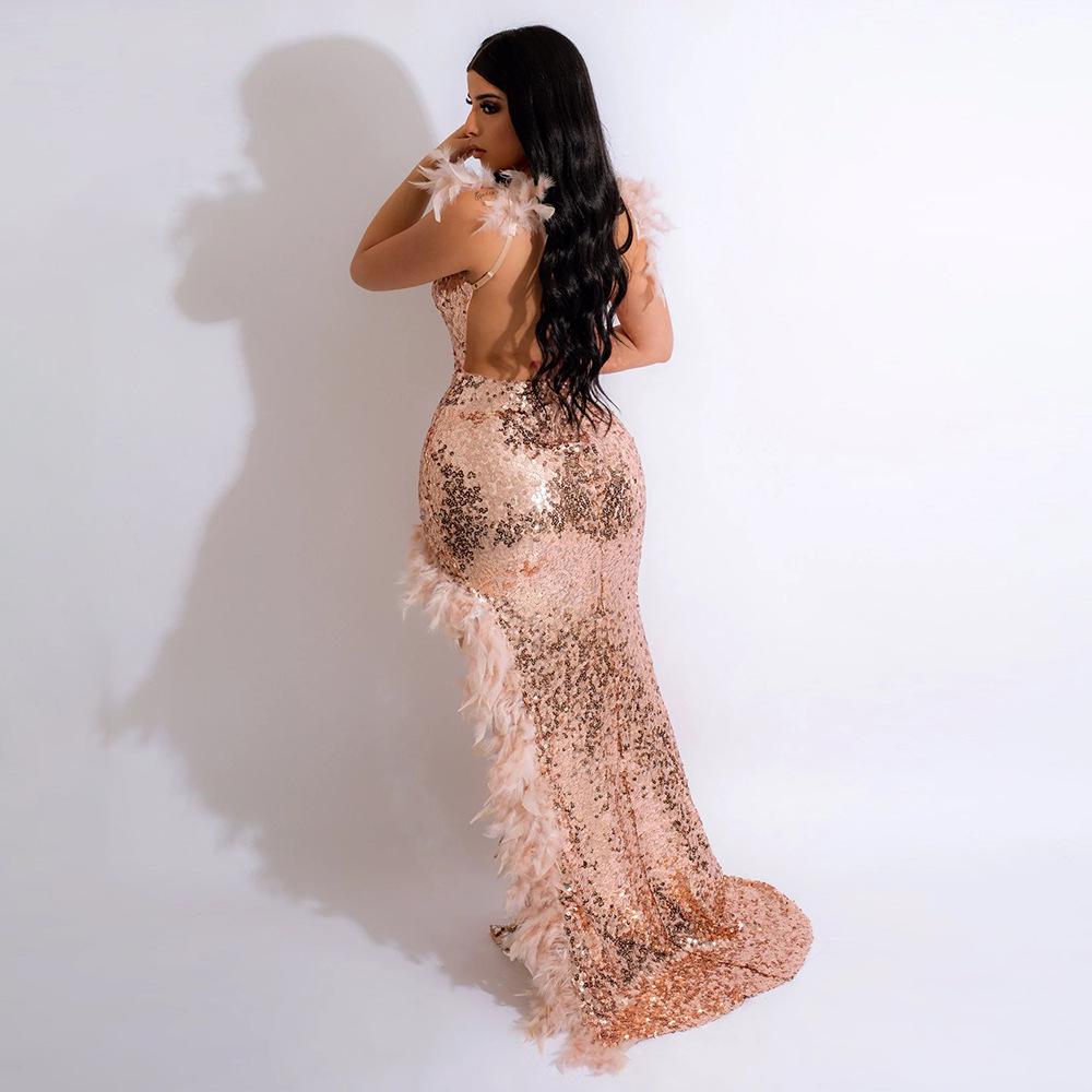 European & American Sexy Feather Sequin High Slit V-Neck Open Back Party Dress
