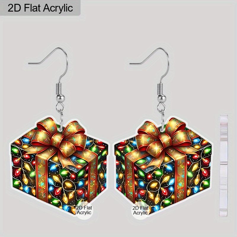 2D Flat Christmas Ribbon Box Dangle Earrings, Lightweight Acrylic Material,Ideal for Party Gifts, Jewelry, and Christmas Gifts.