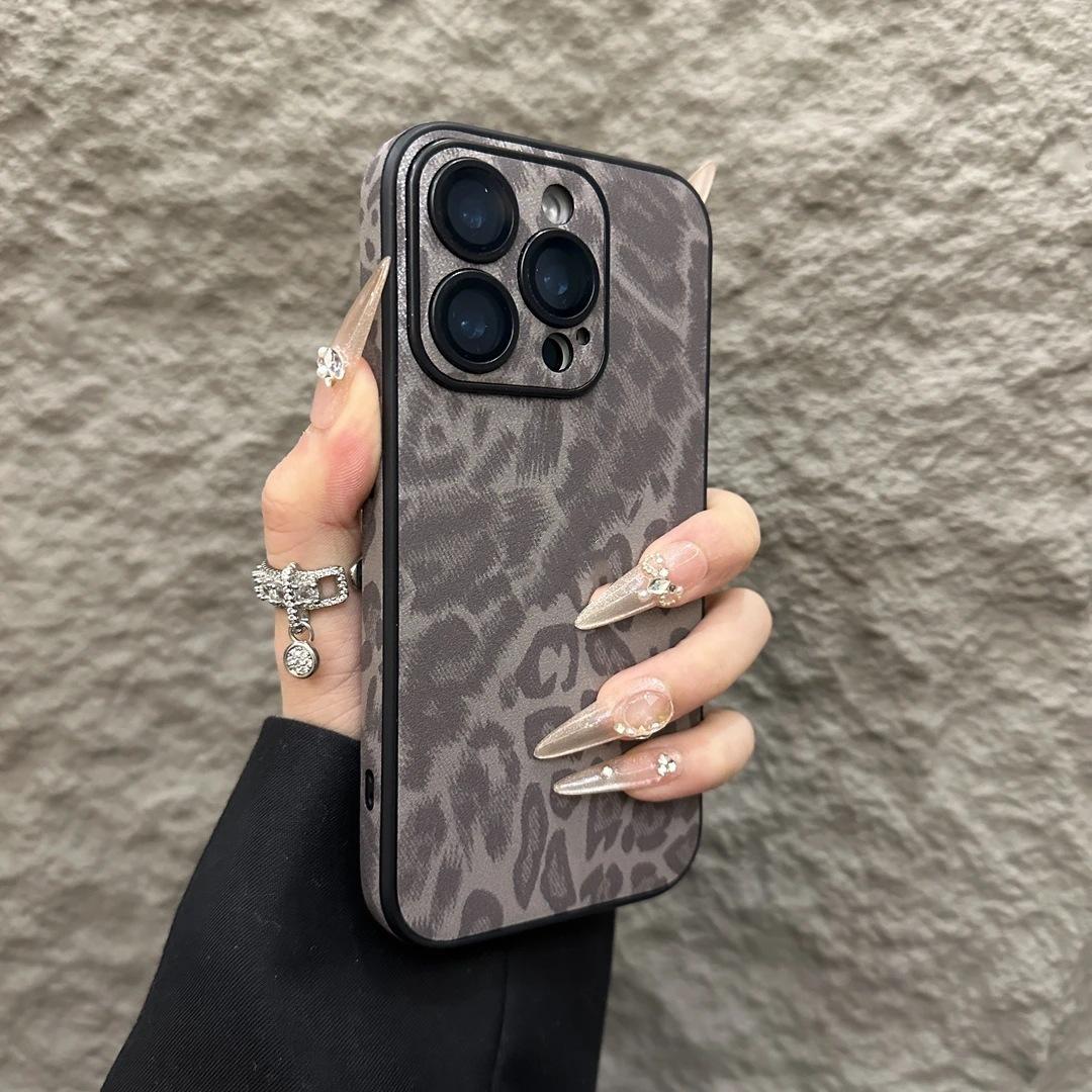 

Подходит для iPhone16promax Чехол для мобильного телефона из кожи с леопардовым принтом Apple 15 Full-pack Anti-Fall 14 Защитный чехол High-end Feeling iPhone16ProMax серый
