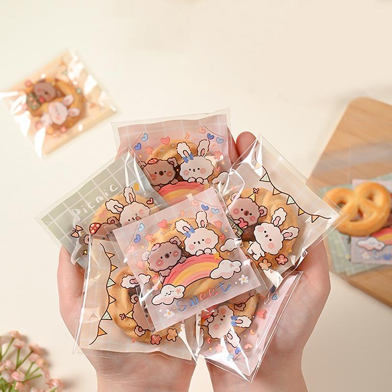 100Pcs/Lot Plastic Cartoon Cookie And Candy Bags Self-Adhesive Gift Bag For Wedding Party Supplies Biscuit Packaging Bag