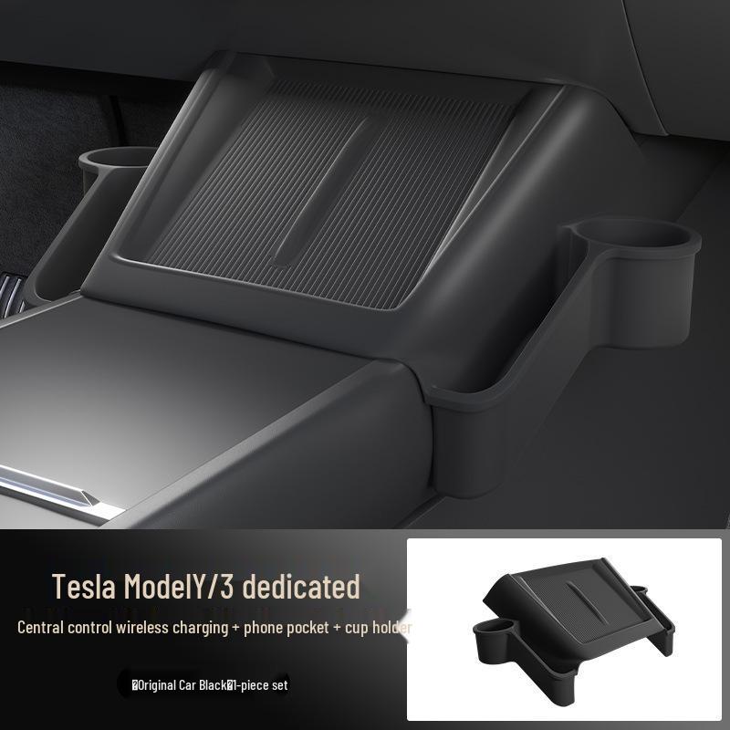 Tesla Wireless Charging Storage Pocket: Dustproof, Wear-resistant, Non-slip, Noiseless, with Dual Cup Holders.