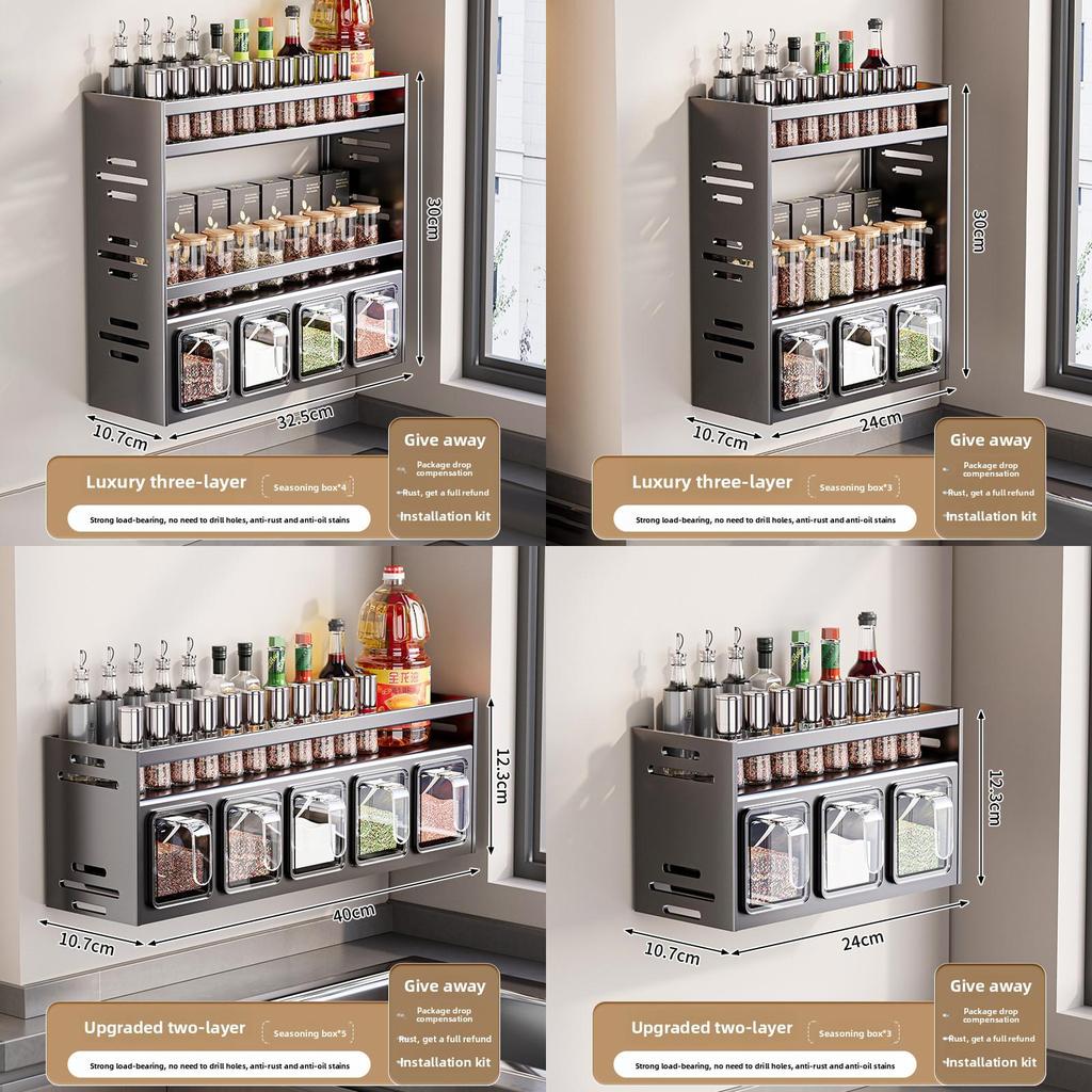 Moderna mensola portaspezie da parete in acciaio con più scomparti per la conservazione e l'organizzazione della cucina