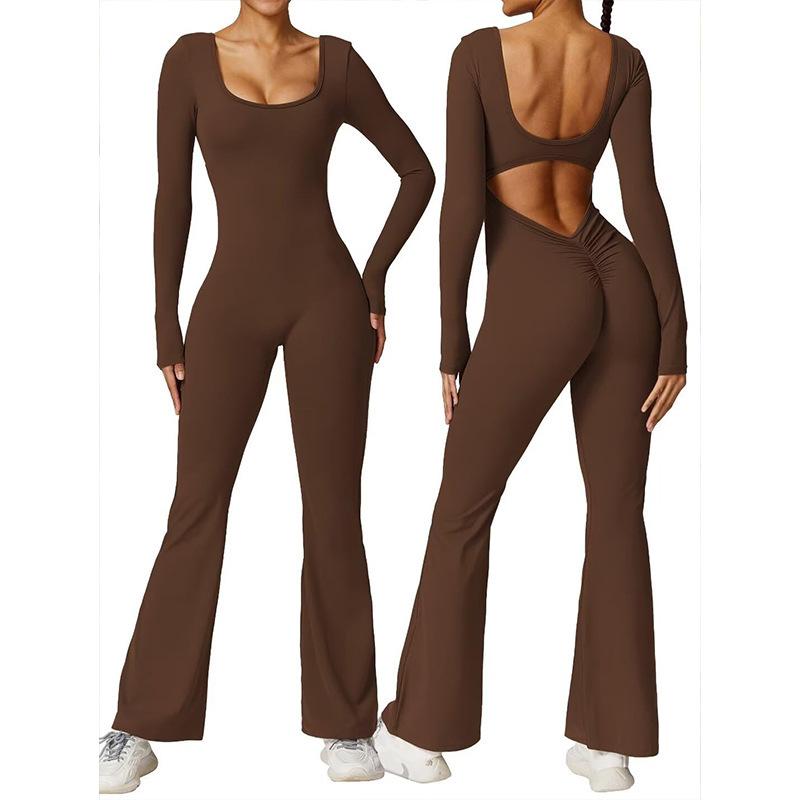 Cross Border Women's Autumn and Winter Long Sleeved U-neck Backless Slim Fit and Hip Lifting Sexy Sports Yoga Jumpsuit from Europe and America