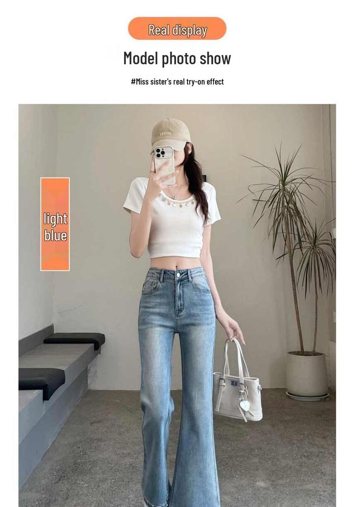 Women's Autumn High-Waisted Petite Plus Size Slimming Micro-Flare Cropped Jeans with Blue Lace Trim