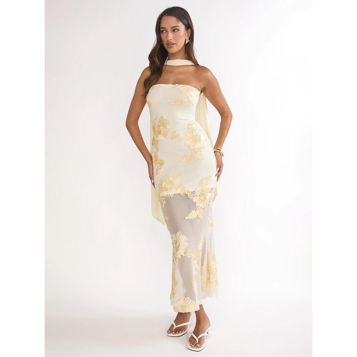 Women s Strapless Sleeveless Maxi Dress Fitted High Waist Floral Mesh Sheer Mermaid Dress S