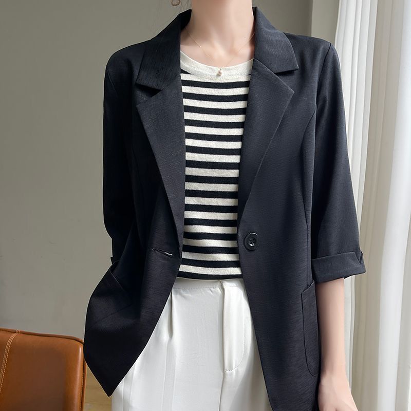 Summer Women's New Spliced Notched Button Pocket Fashion Solid Color Versatile Temperament Slimming Seven Sleeve Blazers