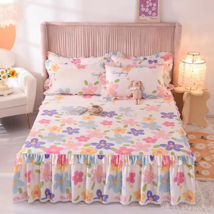 3pcs Sheet Set High Grade 100% Cotton Printed Bedspread King Queen Size Cute Pure Cotton Thick Bed Skirt with 2pcs Pillowcase