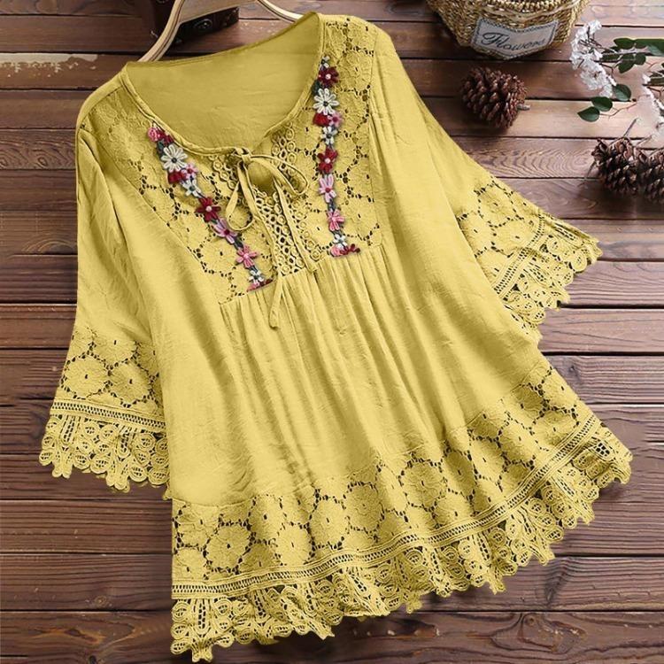 Women Plus Size Loose Shirt Half Sleeve Lace Flower Embroidery