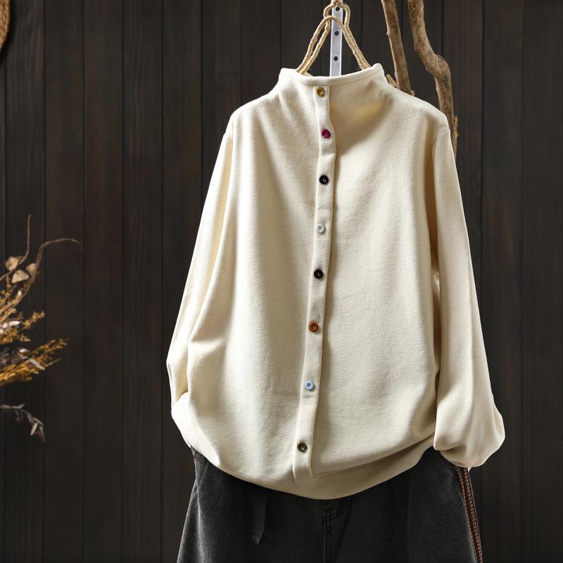 2025 Bojiafan Women's Half-High Collar Plush Sweatshirt with Stylish Colorful Buttons