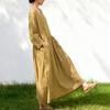 Johnature Women Vintage Dresses Spring Chinese Style Solid Color Robes V-Neck Long Sleeve A-Line Dress