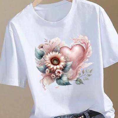 (Aziatische maat) Dames printen Mode T-shirt liefde hart bloem schattig Top Kleding T-shirt Vrouw Print Vrouw Korte Mouw Grafische T-shirts