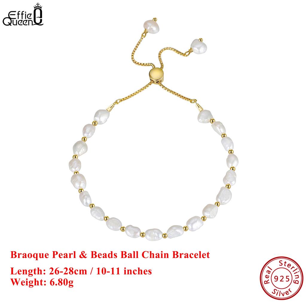 EFFIE QUEEN 100% 925 Sterling Silver 14k Gold Baroque Pearl Beads Ball Chain Bracelet Natural Jewelry for Women Banquet GPB09