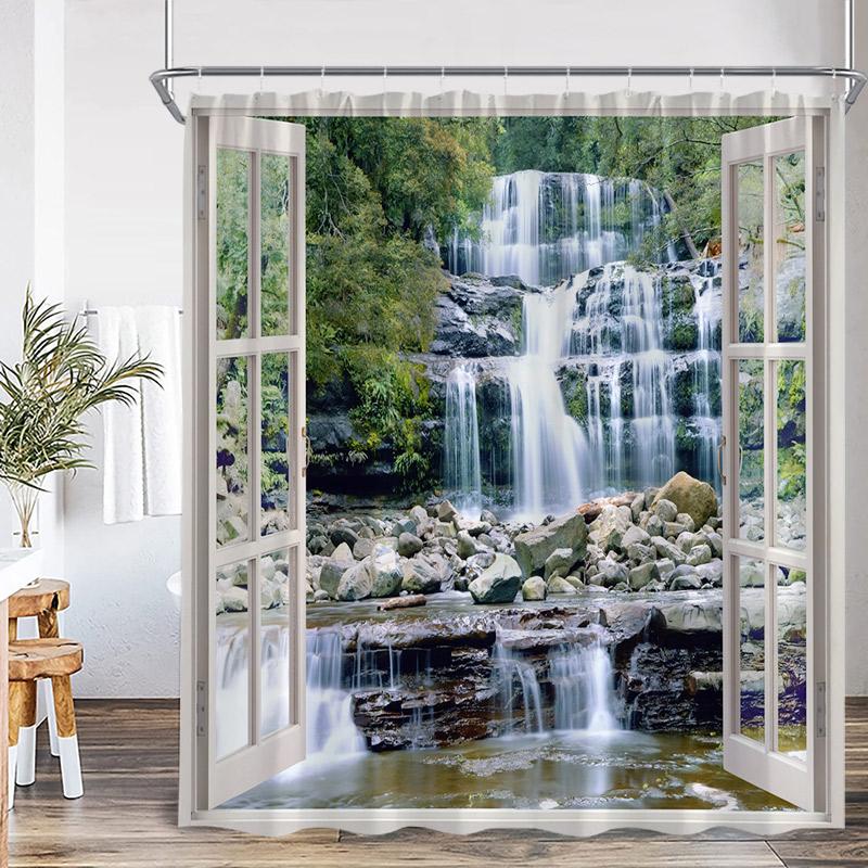 Waterfall Landscape Shower Curtain Forest Lake Window Outside Nature Scenery Modern Home Bathroom Decor Bath Curtains With Hooks
