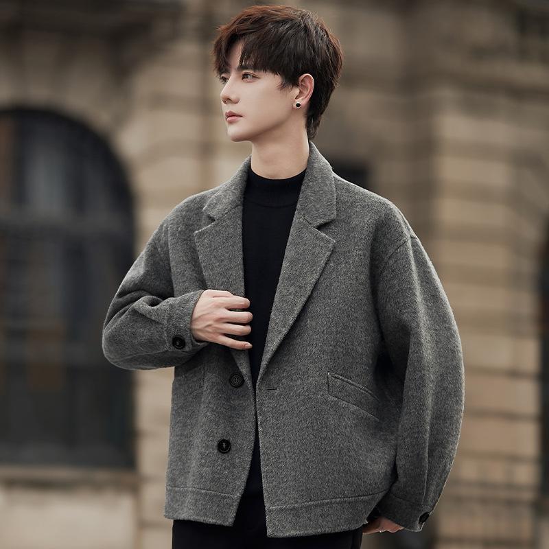 Jesienny i Zimowy Młodzieżowy Krótki Dwustronny Wełniany Płaszcz Męski Modny Przystojny Płaszcz Moda Wiosenna i Jesienna