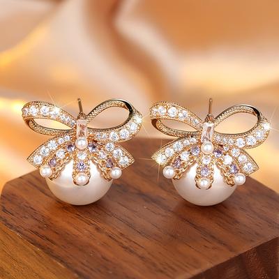 Boucles d'oreilles coréennes en perles synthétiques pour femmes, grandes boucles d'oreilles à nœud papillon, couleur or, Zircon brillant, bijoux de tempérament pour filles