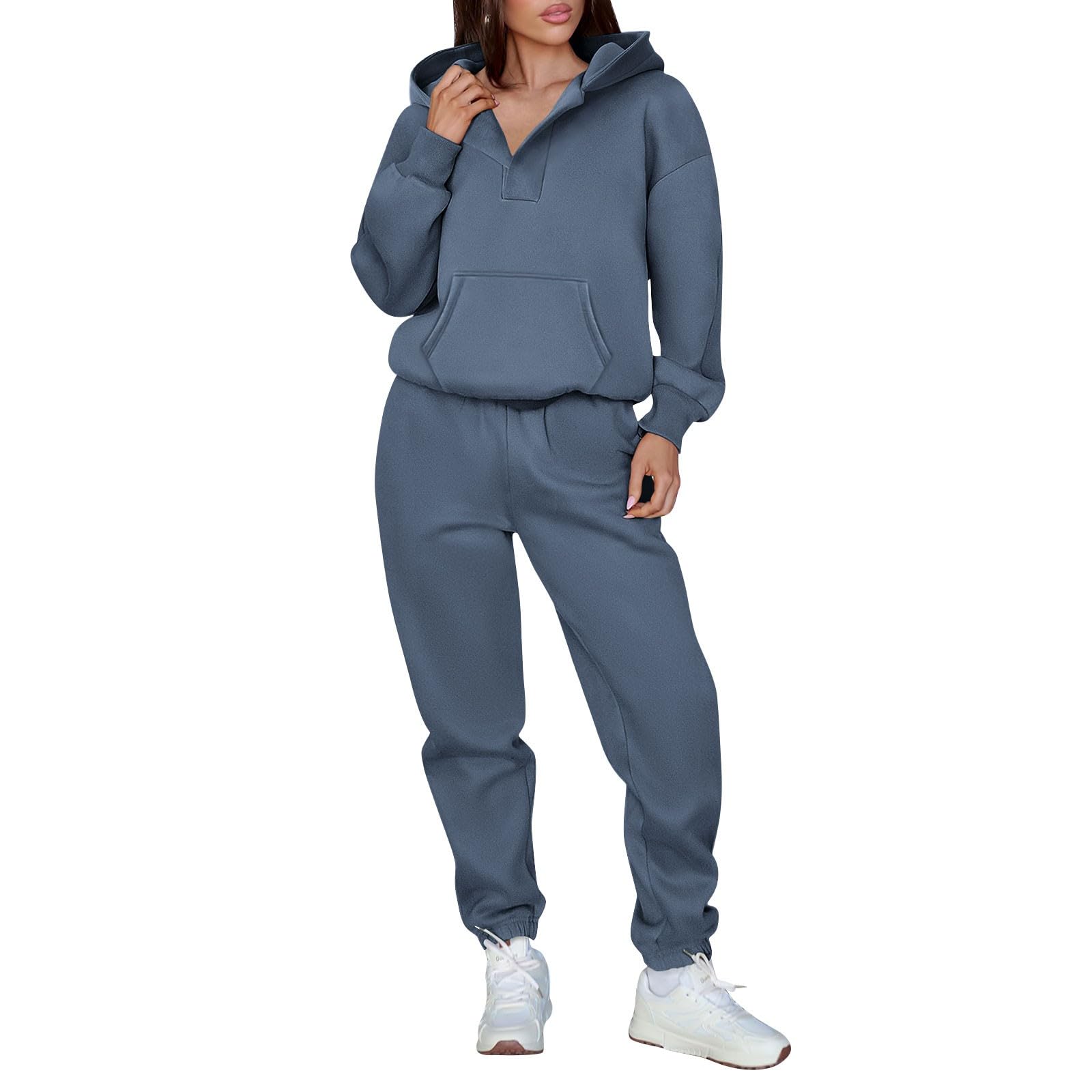 

Женский флисовый топ с V-образным вырезом и длинными рукавами и спортивные брюки на кулиске, комплект из двух предметов XL небесно-голубой