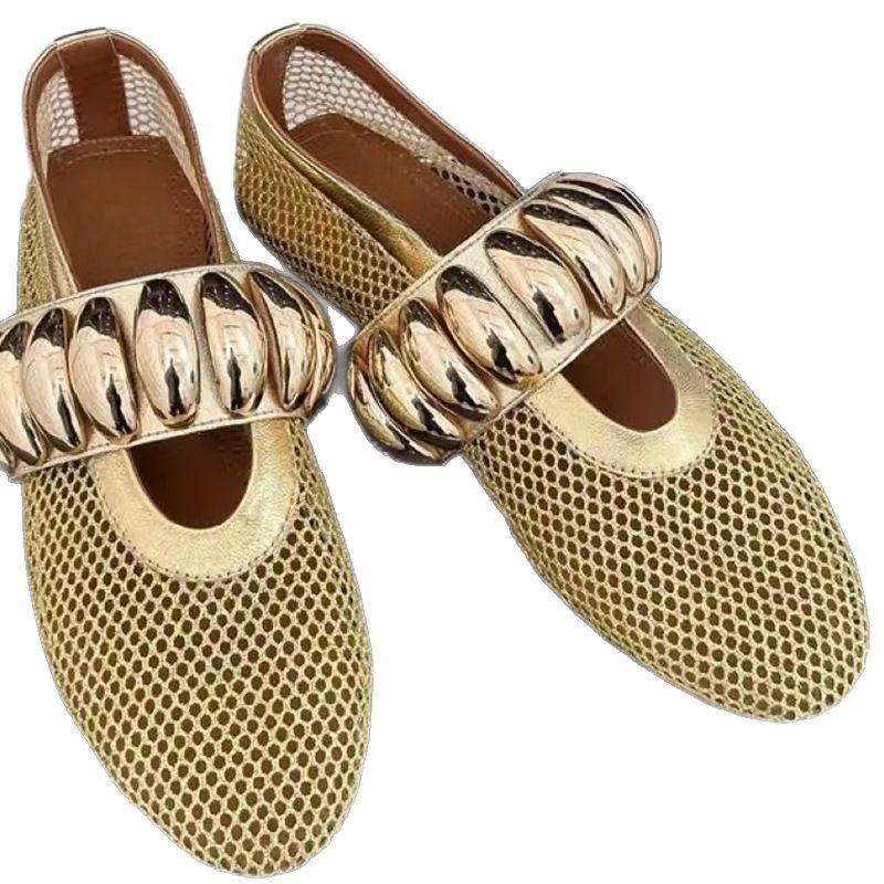 Fishing Net Hollow Single Shoes Women's Metal Buckle Decorative Flat Bottom Word with Mary Jane Shoes Design Sense Breathable Tide