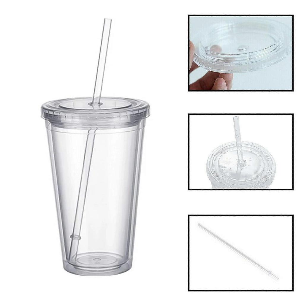 Reusable Plastic Cups, Double-Walled Transparent Drinking Cup with Straw, Reusable Cups, Suitable for Fruit Juice