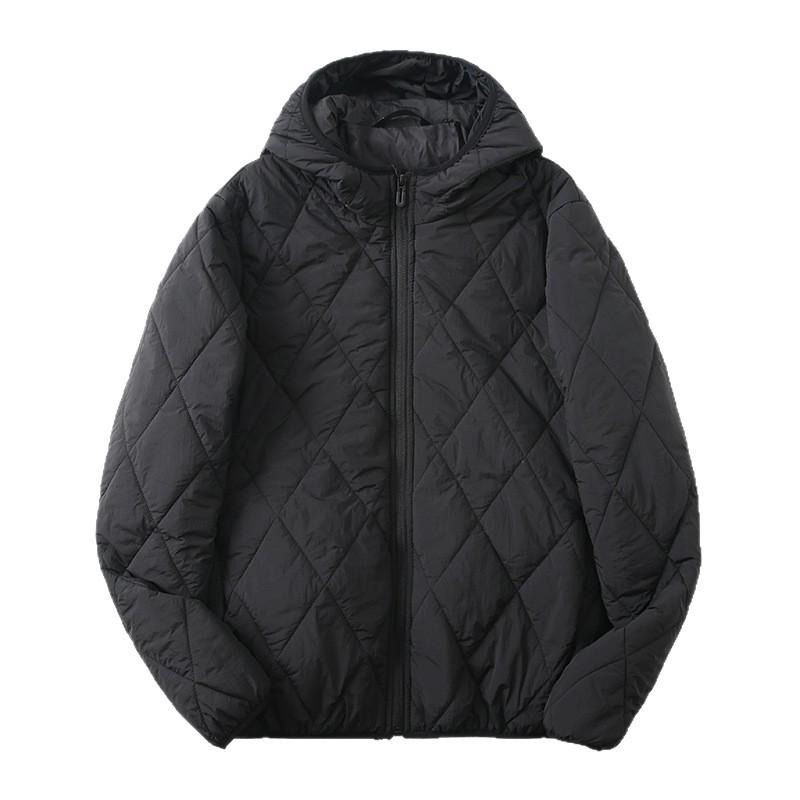 Men's Hooded Cotton Jacket with Mulberry Silk, Diamond Pattern, Winter Casual Outerwear.