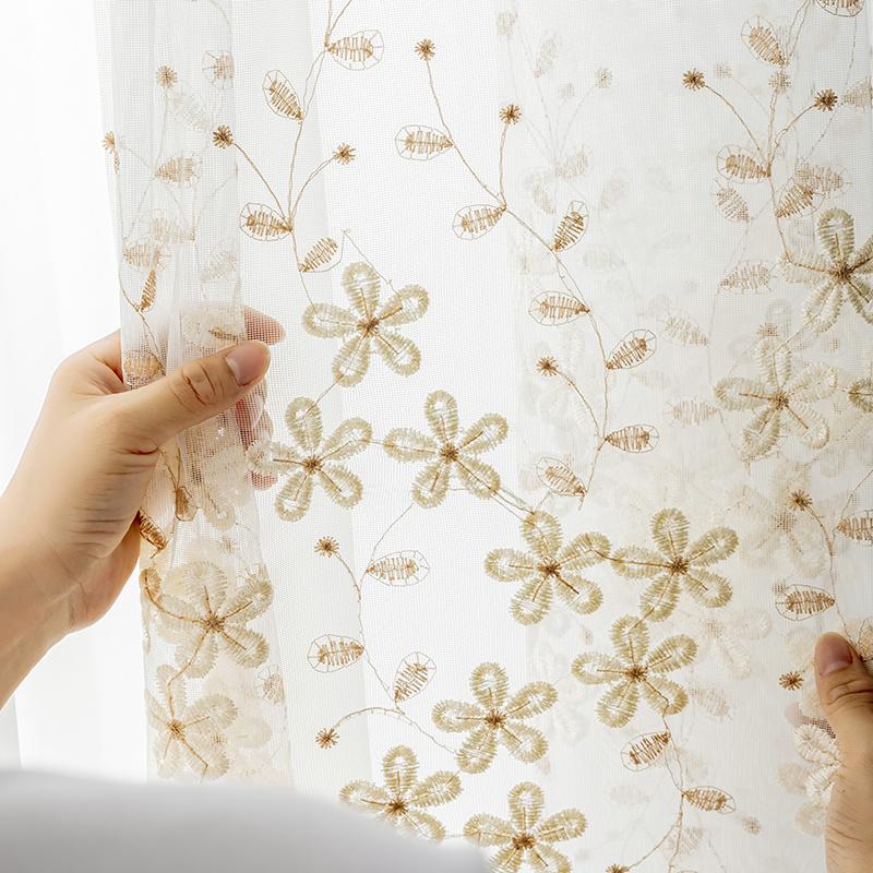 1pc Glam Embroidered Floral Grommet Top Curtain, Semi-Sheer Polyester Window Screen for Bedroom