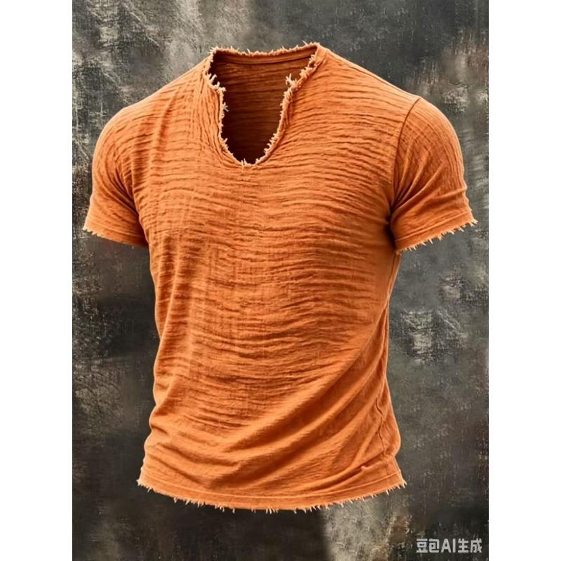 MENFORMAL Heren Khaki Slubtextuur Ruwe Rafelige Rand V-hals T-shirt Verweerd Gerafeld Randje Korte Mouw Casual Vintage Top 4XL oranje