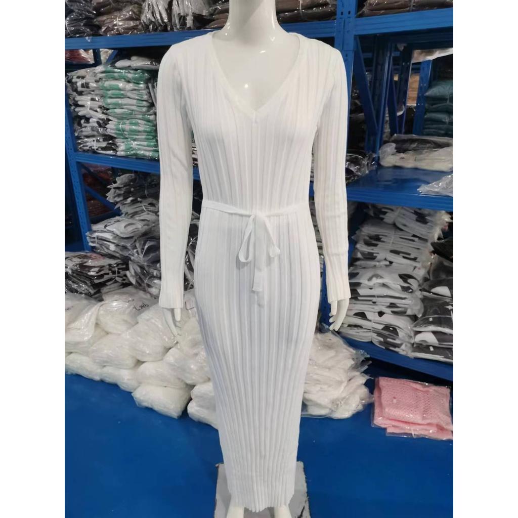 Knitted, Dress, Casual, Waist Cinching, V-neck, Striped, Knitted Long Skirt, Women's