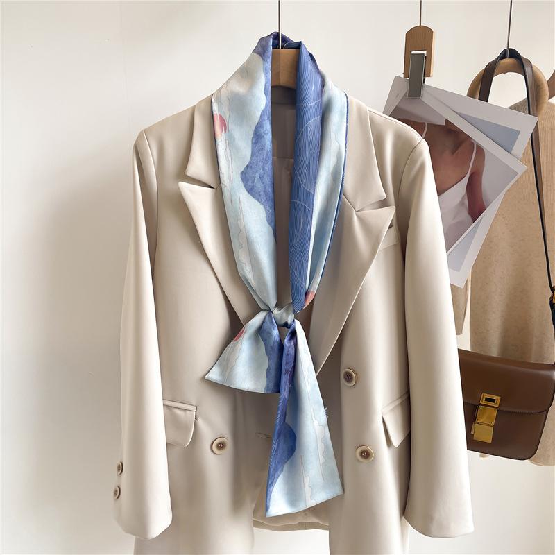 Tassel-decorated Suit Necktie Belt Small Strip Headband Silk Scarf Women's Double-sided Printed Narrow Thin Scarf
