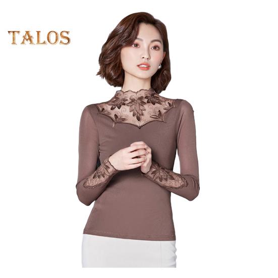 

Женские топы с высоким воротником и вышитым узором в виде листьев, топы с длинными рукавами, блузка в пригородном стиле XXL кофейный