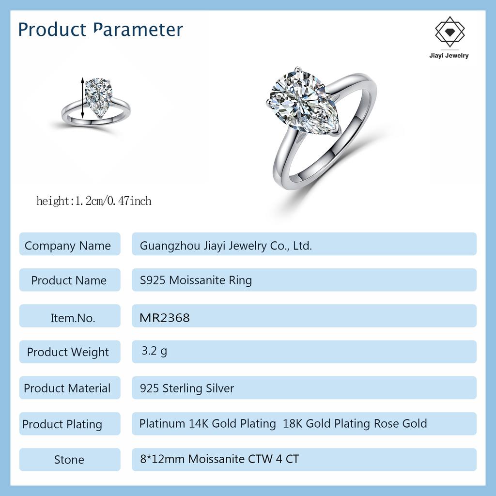 4.0 CTW Pear Cut Solitaire Moissanite Ring S925 Sterling Silver with Open Heart Cutout Shank Fine Jewelry