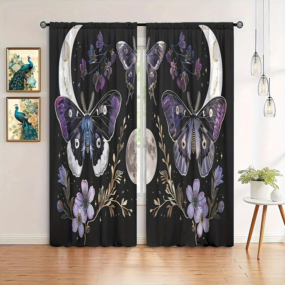 2pcs Moon Moth Printed Curtain for Home Decor - Rod Pocket Window Treatment for Bedroom, Office, Kitchen, Living Room, and Study