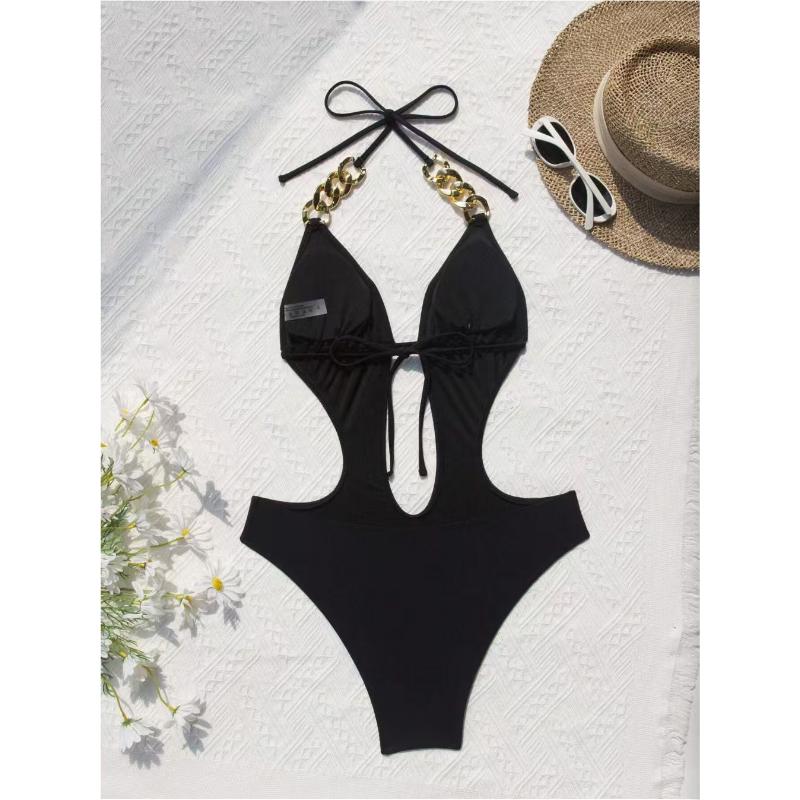 Costume da bagno intero sexy da donna con scollo all'americana, schiena scoperta con catena dorata, cut-out, push-up, monokini, costume da bagno per vacanze al mare