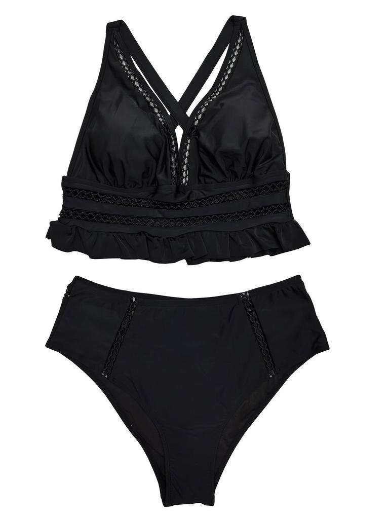 Damen Sexy High Waist Rüschen Badeanzug - Große Größen, Europäisch Amerikanischer Stil, Bauchkontrolle, Cut-Out Design Badebekleidung